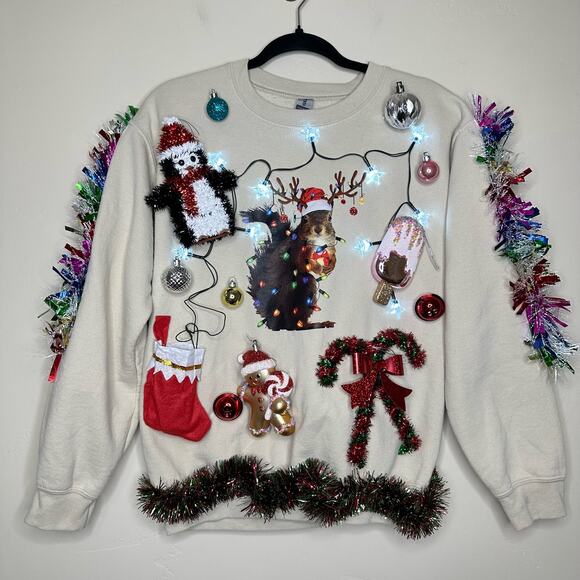 Ugly Christmas Sweater Squirrel LIGHTS UP Tacky Tinsel Xmas Party Winner Small - Picture 1 of 5